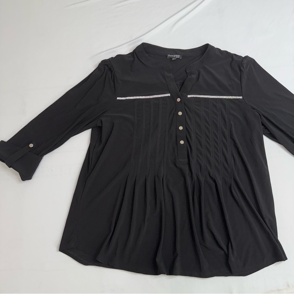 Ava & Grace Knit Black Blouse with Button Detail, Rhinestones, Rolled sleeves